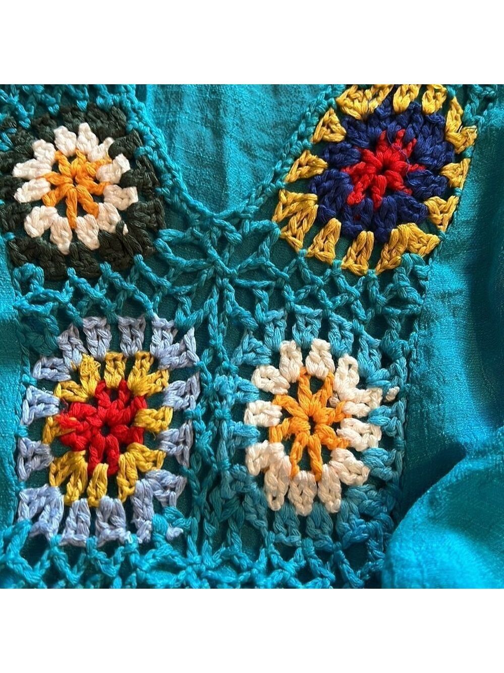 Turquoise maxi coverup with granny squares. One Size. - Picture 6 of 7